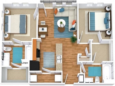 Floor plan for 2 beds, 2 baths, 821 sqft